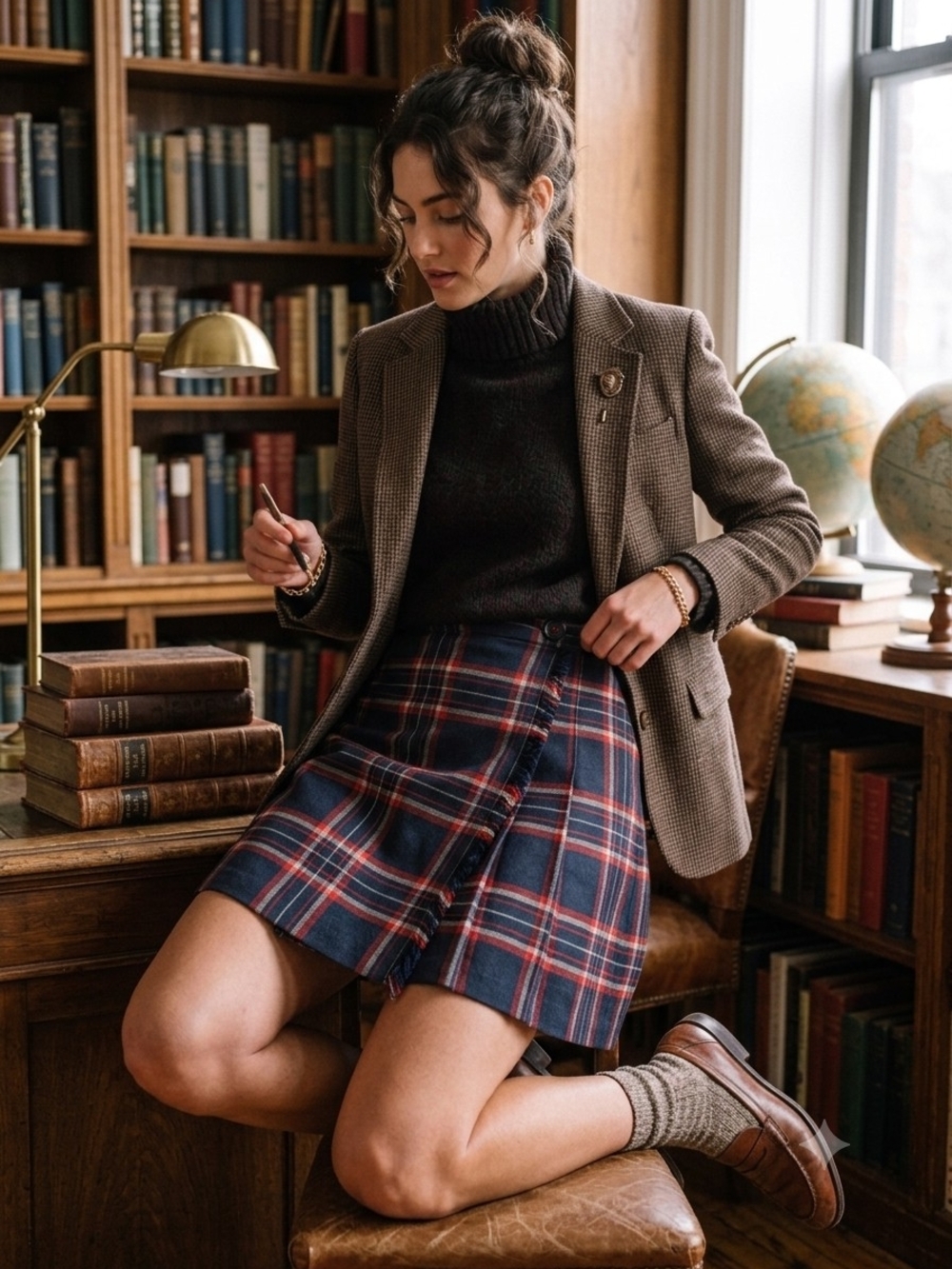 Vintage Plaid Pleated Wrap Kilt Skirt Dark Academia Preppy Fringe